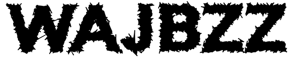 Logo „Wajbzz” w minimalistycznej, czarnej formie, o postrzępionych, przesterowanych kształtach i nowoczesnym, uproszczonym stylu.
