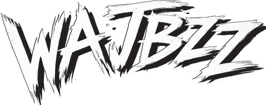 Nowe logo „Wajbzz” w minimalistycznej, białej formie, o postrzępionych, przesterowanych kształtach i nowoczesnym, uproszczonym stylu, z cieniem w czcionce.