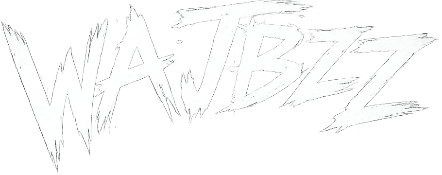 Nowe logo „Wajbzz” w minimalistycznej, białej formie, o postrzępionych, przesterowanych kształtach i nowoczesnym, uproszczonym stylu, bez cienia.