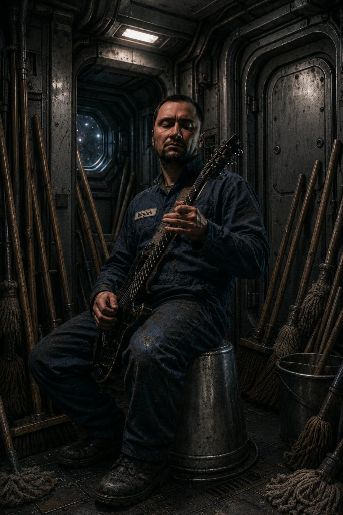 Wojtek, opiekun porządku na pokładzie statku kosmicznego Octotanker, siedzący wśród szczotek i mopów oraz grający na gitarze przed wielkim skokiem.