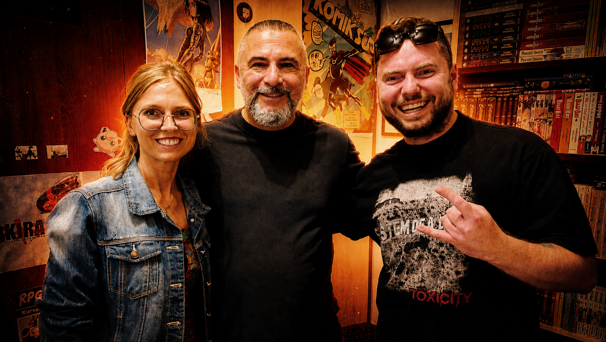 Bartłomiej Różycki i współtwórczyni wajbzz.com podczas spotkania Meet & Greet z Johnem Dolmayanem – perkusistą System of a Down – w Warszawie, 18 lipca 2026 roku. Zdjęcie wykonano podczas promocji komiksu „Ascencia: The Talisman Saga” autorstwa Johna Dolmayana.